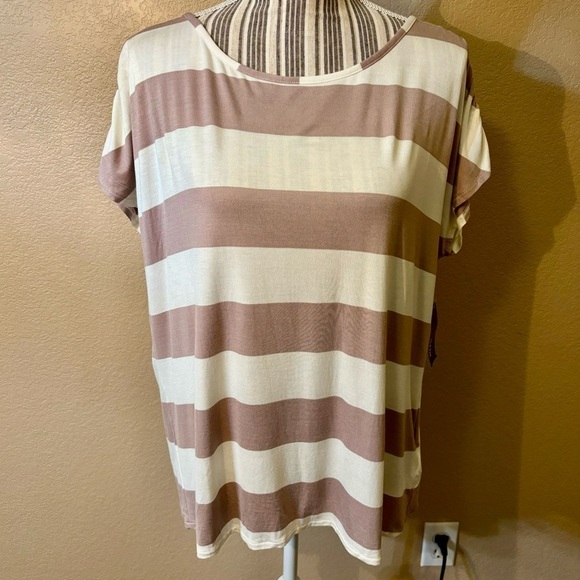 NWT a.n.a. Top Large White Khaki Stripes Ruched Shoulders Open Peekaboo Back New - Picture 1 of 13